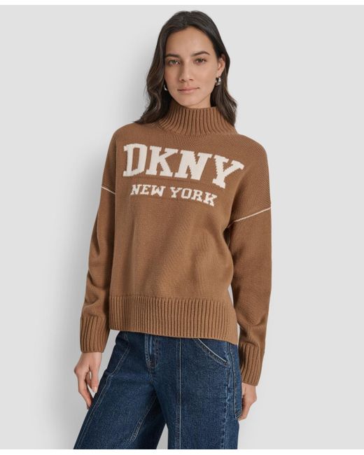 DKNY Blue Intarsia Logo Turtleneck Sweater