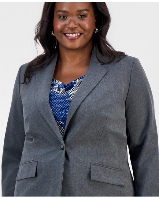 Kasper Blue Plus Size Washable Bi-stretch One-button Blazer