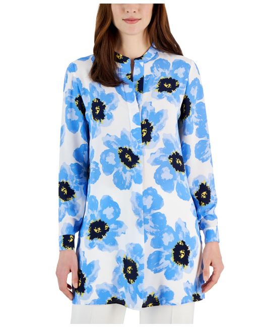 Anne Klein Blue Printed Long-sleeve Popover Tunic Top