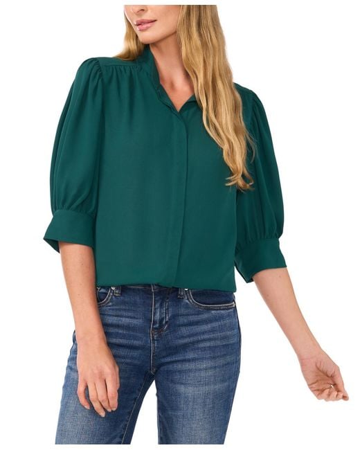 Cece Green 3/4-sleeve Collared Button Down Top