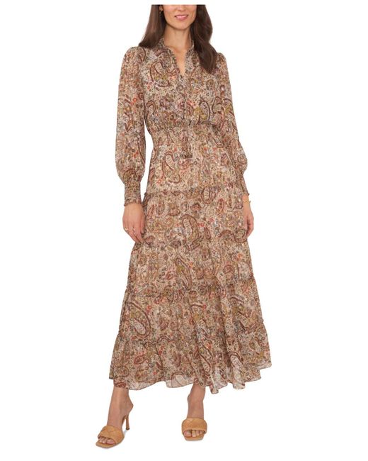 Vince Camuto Brown Smocked Tiered Maxi Dress