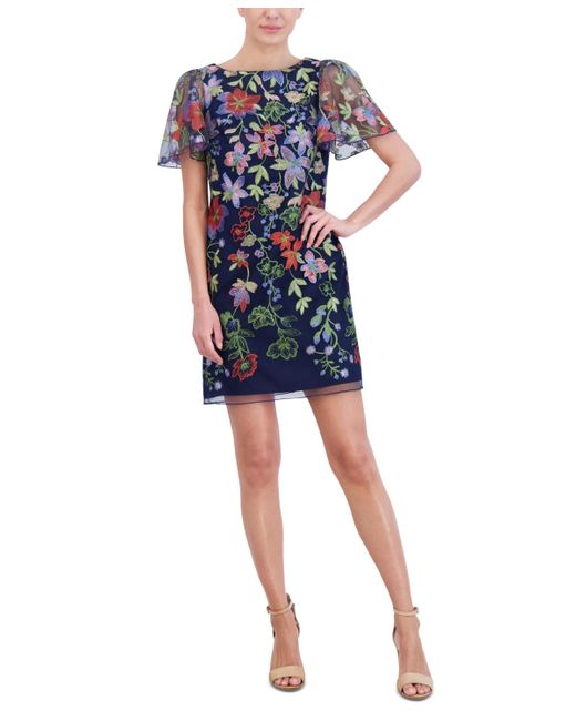 Jessica Howard Blue Petite Embroidered Mesh Sheath Dress