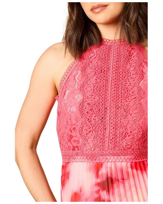 Oasis Red Printed Lace Mix Halterneck Midi Dress