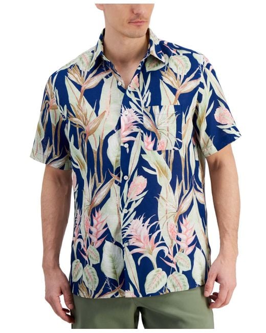 Club Room Blue Hero Short Sleeve Button Front Palm Print Linen Shirt for men