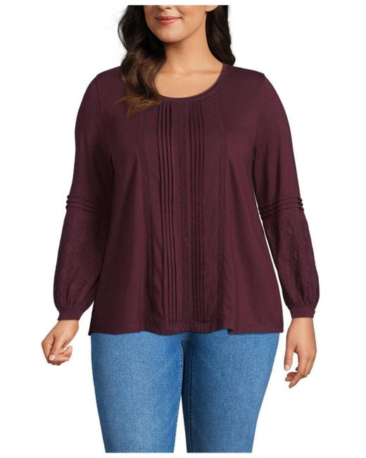 Lands' End Red Plus Size Lightweight Jersey Lace Mix Long Sleeve Pintuck Top