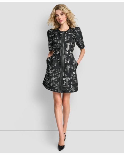 DKNY Black Abstract Print Zip Front Mini Dress