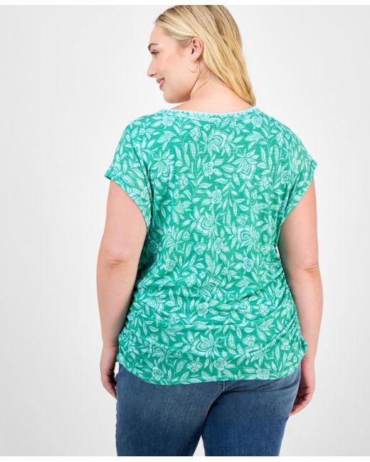 Democracy Green Trendy Plus Printed Side-shirred Cap-sleeve Top