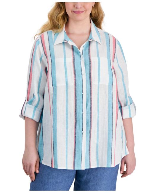Charter Club Blue Plus Size Striped Linen Button-front Shirt