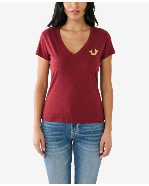 True Religion Red Short Sleeve Horseshoe Slim V-neck T-shirt