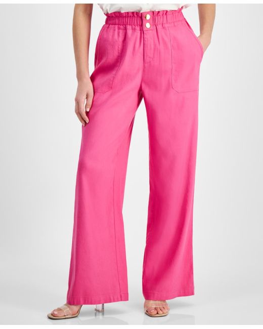 INC International Concepts Pink Petite Linen-blend Paperbag-waist Pants