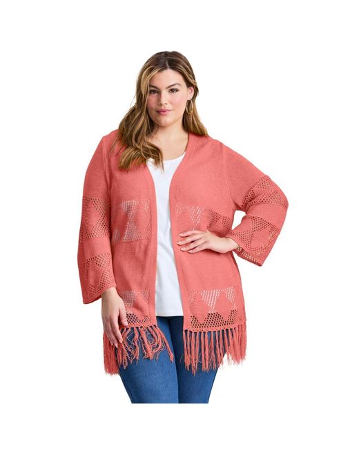 Avenue Red Plus Size Pointelle Fringe Cardigan