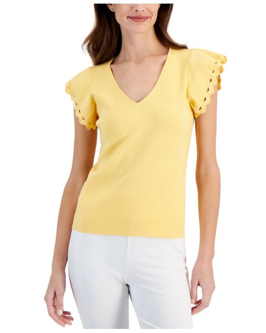 Tahari Yellow Ribbed V-neck Flutter-sleeve Sweater