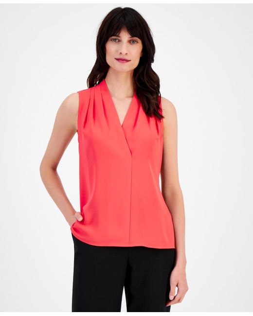 Anne Klein Red Pleated Sleeveless Blouse