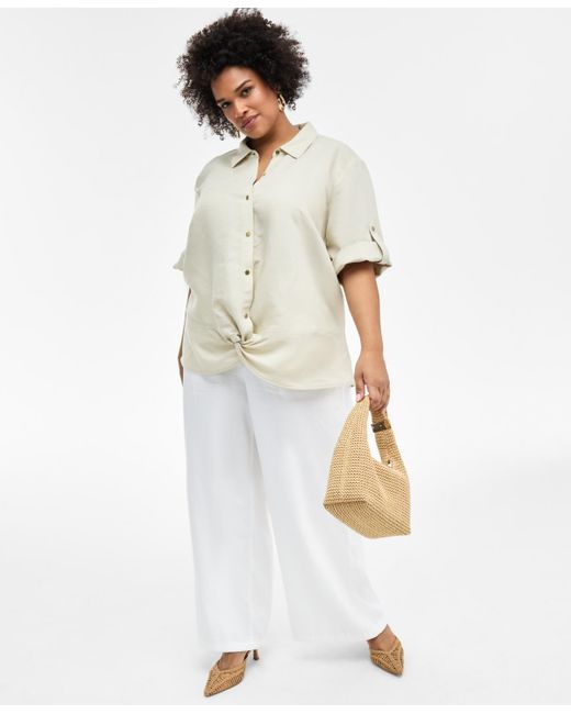 INC International Concepts White Plus Size Linen-blend Twist-hem Shirt