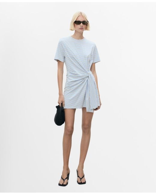 Mango Blue Knot Detail Short Striped Dress