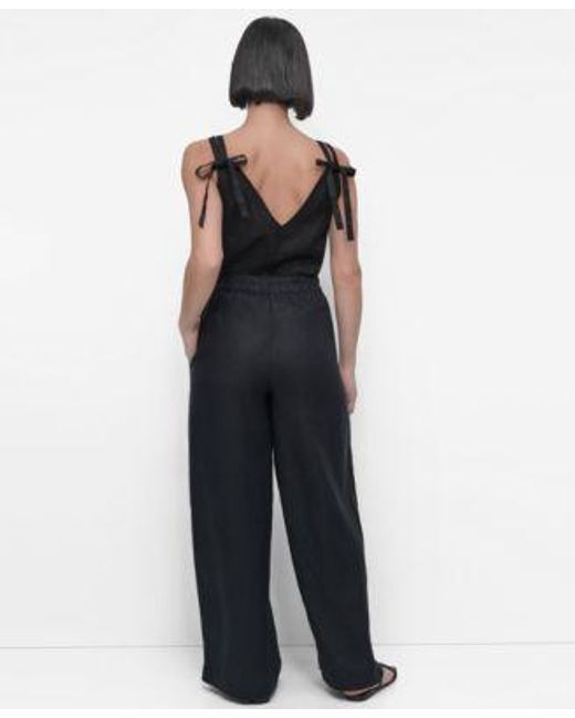 DKNY Blue Linen Tie Strap Tank Top Wide Leg Pull On Pants