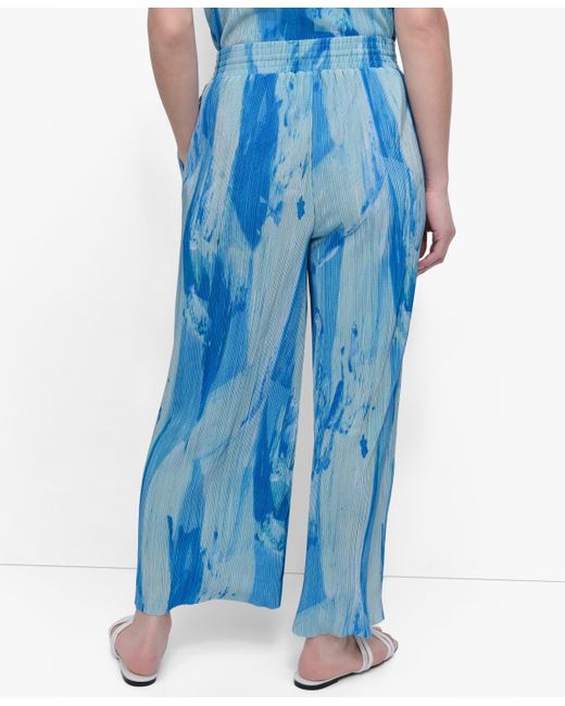 DKNY Blue Abstract Print Plissé Drawstring Pants