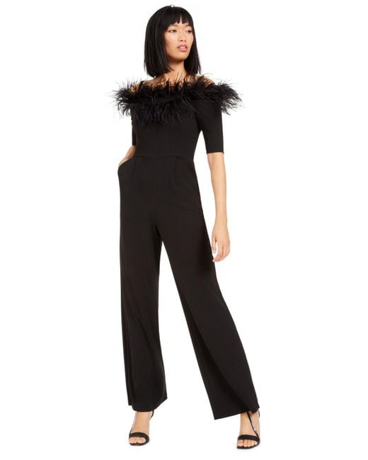 Calvin Klein Off-the-shoulder Feather Jumpsuit in Black | Lyst