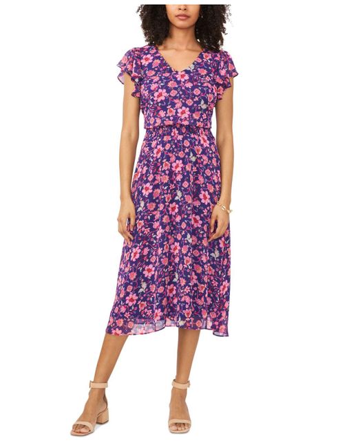 Msk Petite Floral-print Flutter-sleeve Midi Dress in Purple | Lyst