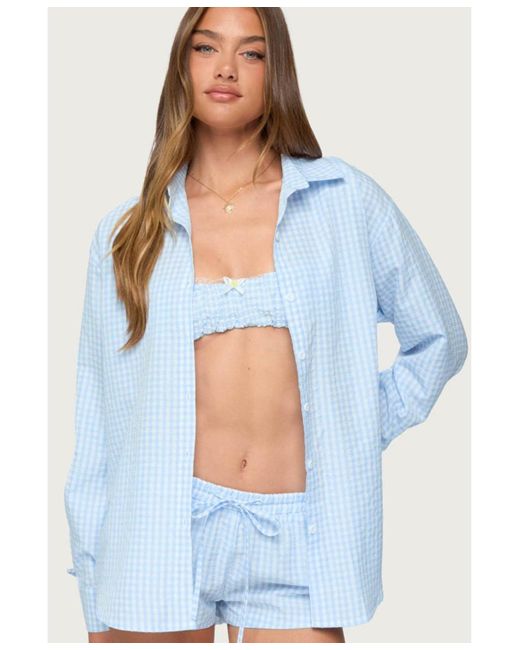 Edikted Blue Yaffa Oversized Gingham Button Up Shirt