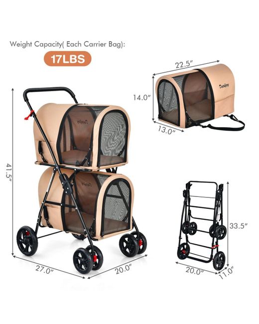 Gymax Black 4-in-1 Double Pet Stroller W/ Detachable Carrier Travel Carriage For Cats
