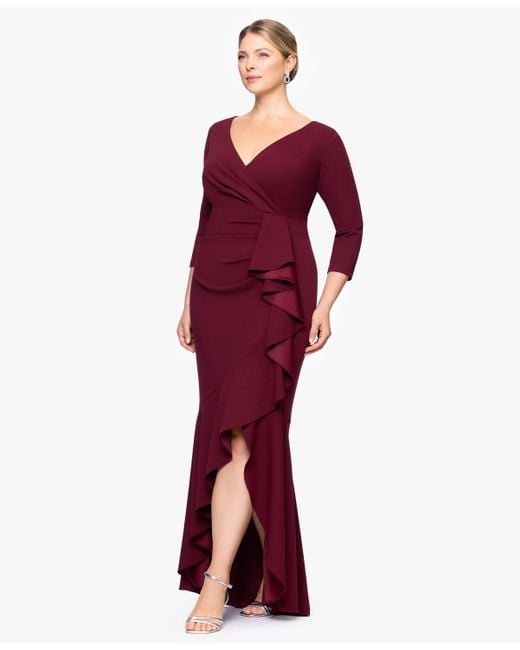 Betsy & Adam Red Plus Size V-neck Long Ruffle Dress