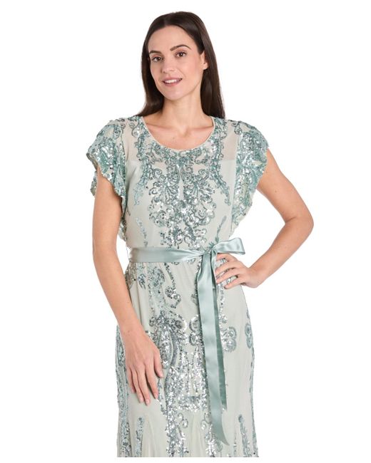 R & M Richards White Short-sleeve Sequined Gown