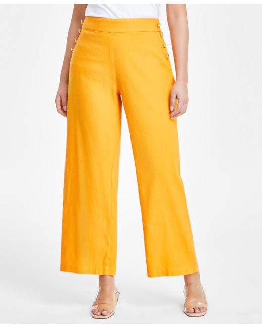 INC International Concepts Yellow Petite Linen-blend High-rise Wide-leg Pants