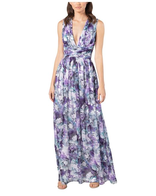 Dress the Population Synthetic Floral-print Ruched Gown in Purple ...