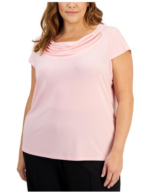 Kasper Pink Plus Size Cowl-neck Short-sleeve Top