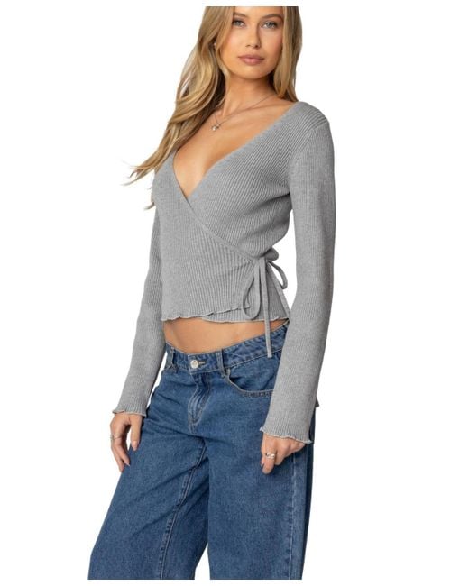 Edikted Gray Paden Ribbed Knit Wrap Top