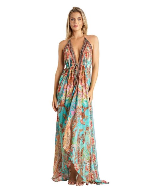 La Moda Clothing Women's Blue Maxi Boho Art Halterneck Dress -  coffeafoods.com