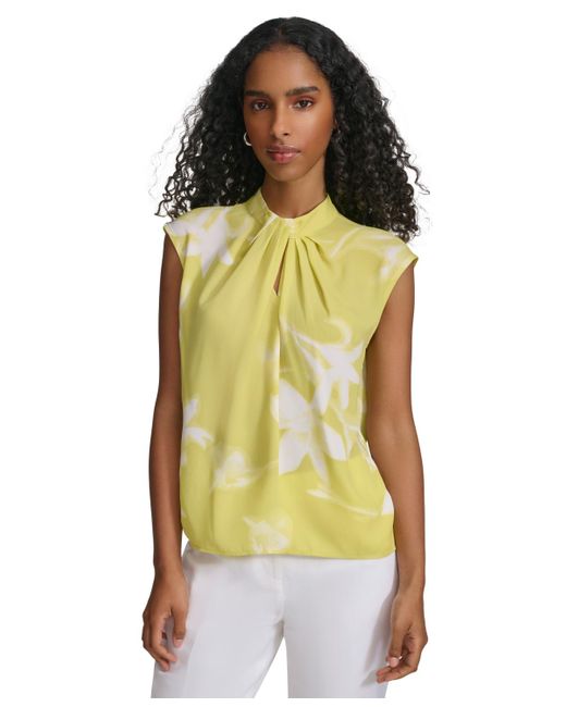 Calvin Klein Yellow Sleeveless Floral Keyhole-neck Blouse