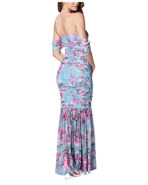Bebe Blue Floral-print Ruched Off-the-shoulder Gown
