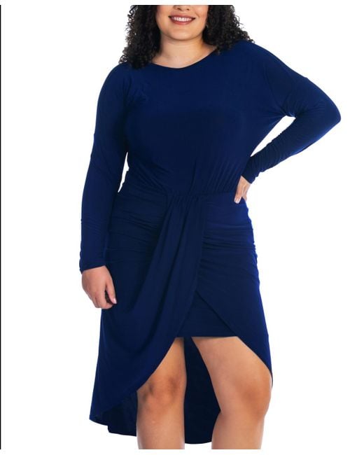 24seven Comfort Apparel Blue Plus Size Long Sleeve High Low Dress