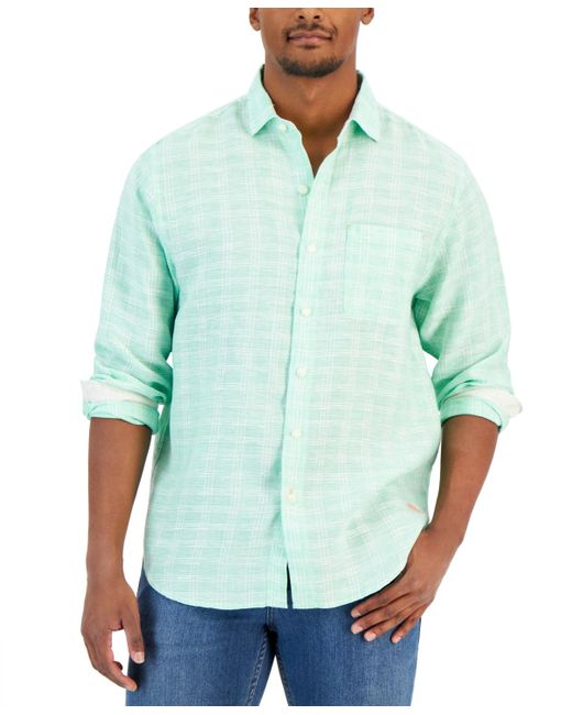 Tommy Bahama Green Linen Windowpane Textured Plaid Button-down Shirt for men
