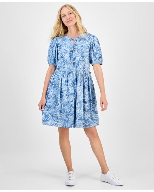 Nautica Blue Palm-print Bow-trim Dress