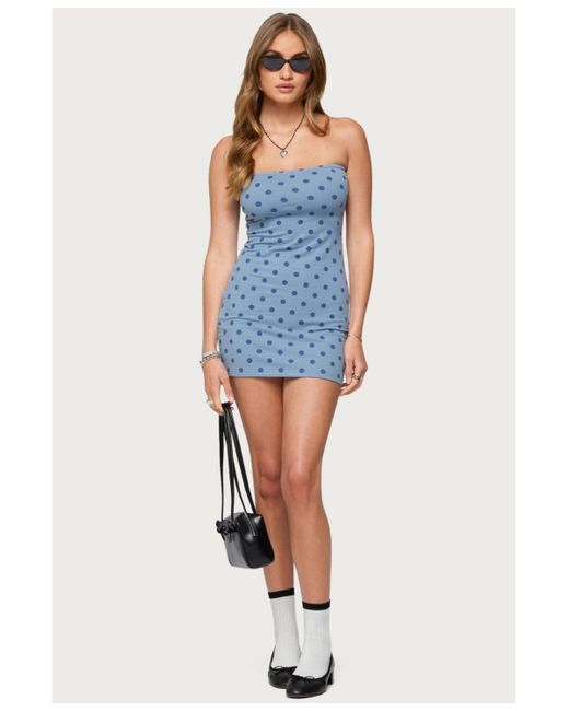Edikted Blue Lewis Polka Dot Strapless Mini Dress