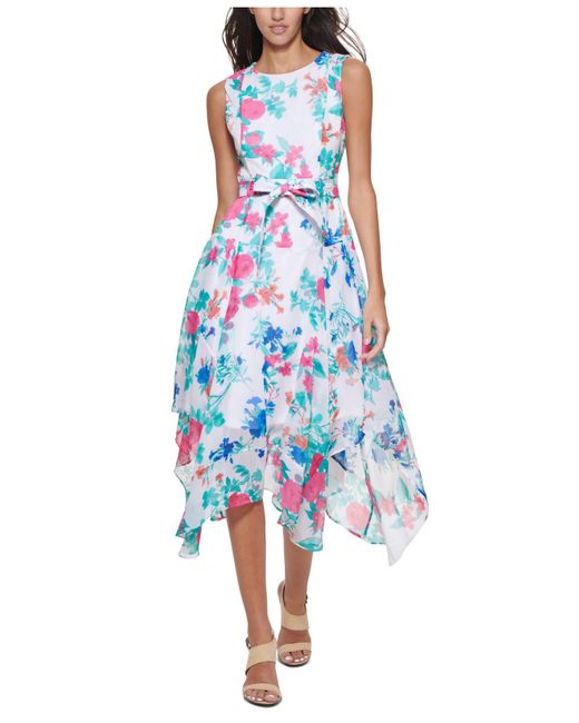 Calvin Klein Synthetic Floral-print Midi Dress in Blue | Lyst