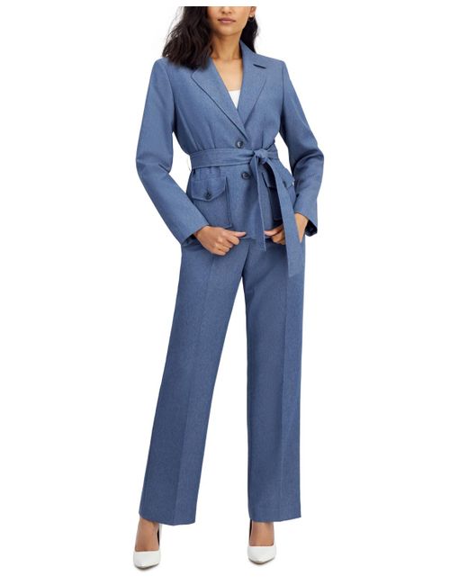 Le Suit Blue Belted Safari Jacket And Kate Pants
