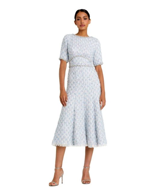 Mac Duggal Blue Short Sleeve Beaded Trim Boucle Midi Dress