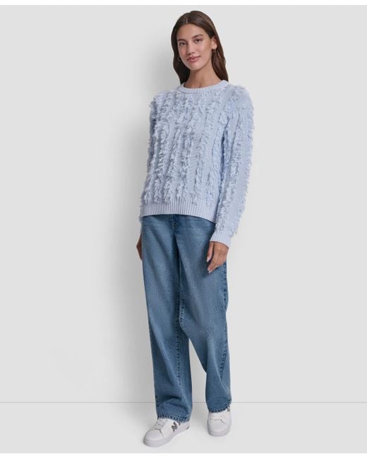 DKNY Blue Petite Fringe Crewneck Sweater