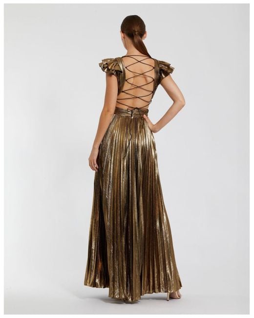 Mac Duggal Natural Ruffle Sleeve Cutout Pleated Metallic Gown