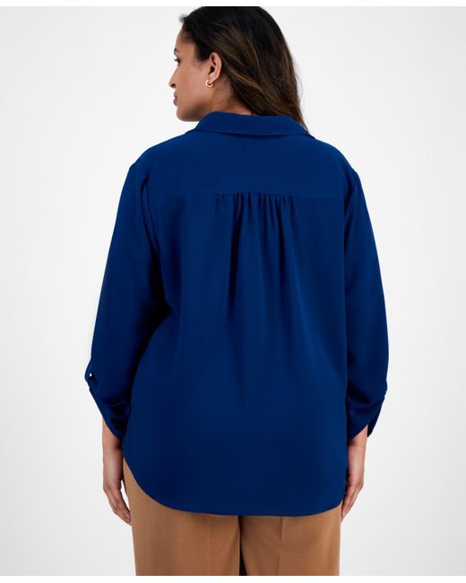 Anne Klein Blue Plus Size Collared V-neck Roll-tab-sleeves