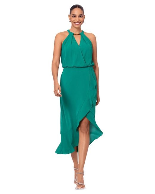 Xscape Green Crepe Halter-neck High-low Midi Dress