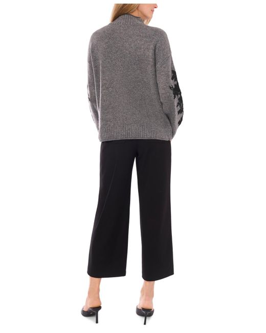 Vince Camuto Women's Gray Floral Embellished Mock Neck Sweater