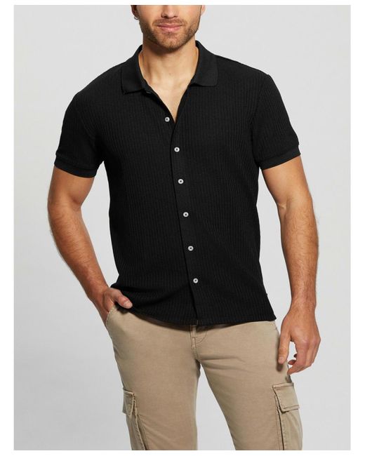 Guess Black Pointelle Short Sleeve Knit Shirt for men