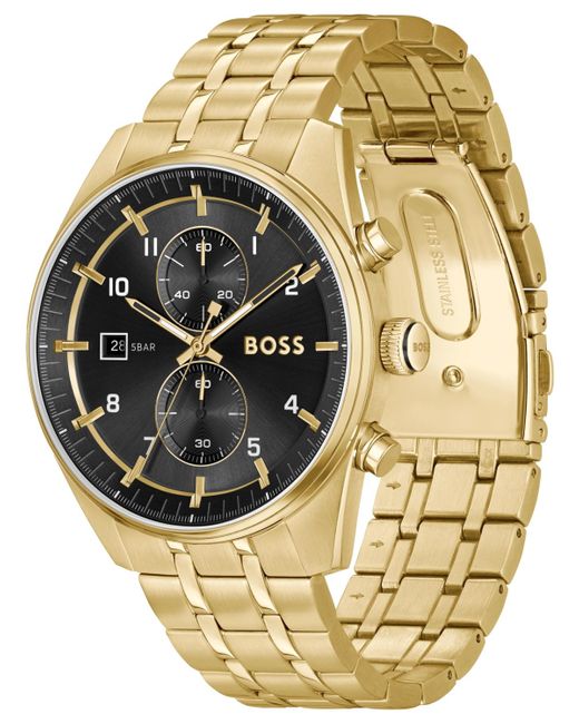 Boss Metallic Skytraveller Quartz Fashion Chrono Ionic Plated Thin Gold-tone Steel Watch 44mm for men