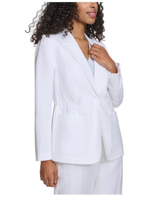 Calvin Klein White Petite Linen-blend Cinched-waist Single-button Blazer