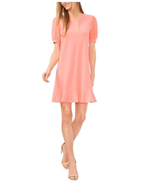 Cece Pink Mixed Media Puffed Clip Dot Short Sleeve Dress